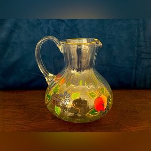 Vtg Handcrafted Lead Crystal Romanian Pitcher Raised Painted Detail Fruit Theme